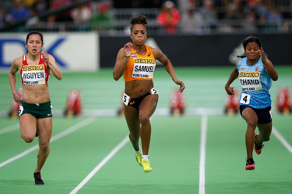 PORTLAND, OR - MARCH 19: (L-R) Anaszt¡zia Nguyen of Hungary, Jamile Samuel of the Netherlands and Dutee Chand of India compete in the Women's 60 Metres Heats during day three of the IAAF World Indoor Championships at Oregon Convention Center on March 19, 2016 in Portland, Oregon. (Photo by Christian Petersen/Getty Images for IAAF)