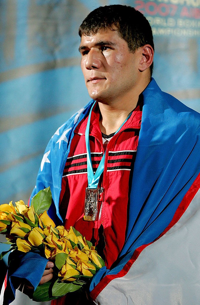 CHICAGO - NOVEMBER 3: Artur Beterbiev of Russia stands on the victory podium after his win over Abbos Atoev of Uzebekistan in the 81 kg division during the finals of the AIBA World Boxing Championships at the UIC Pavilion November 3, 2007 in Chicago, Illinois. (Photo by Matthew Stockman/Getty Images)