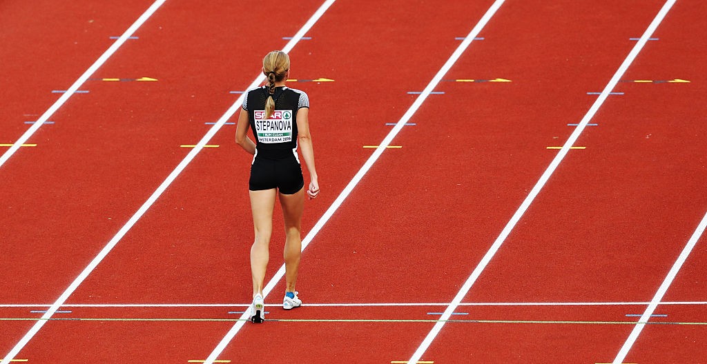 AMSTERDAM, NETHERLANDS - JULY 06: Yuliya Stepanova of Russia walk off the track after competing in the Women's 800m during Day One of The European Athletics Championships at Olympic Stadium on July 6, 2016 in Amsterdam, Netherlands. (Photo by Ian MacNicol/Getty Images)
